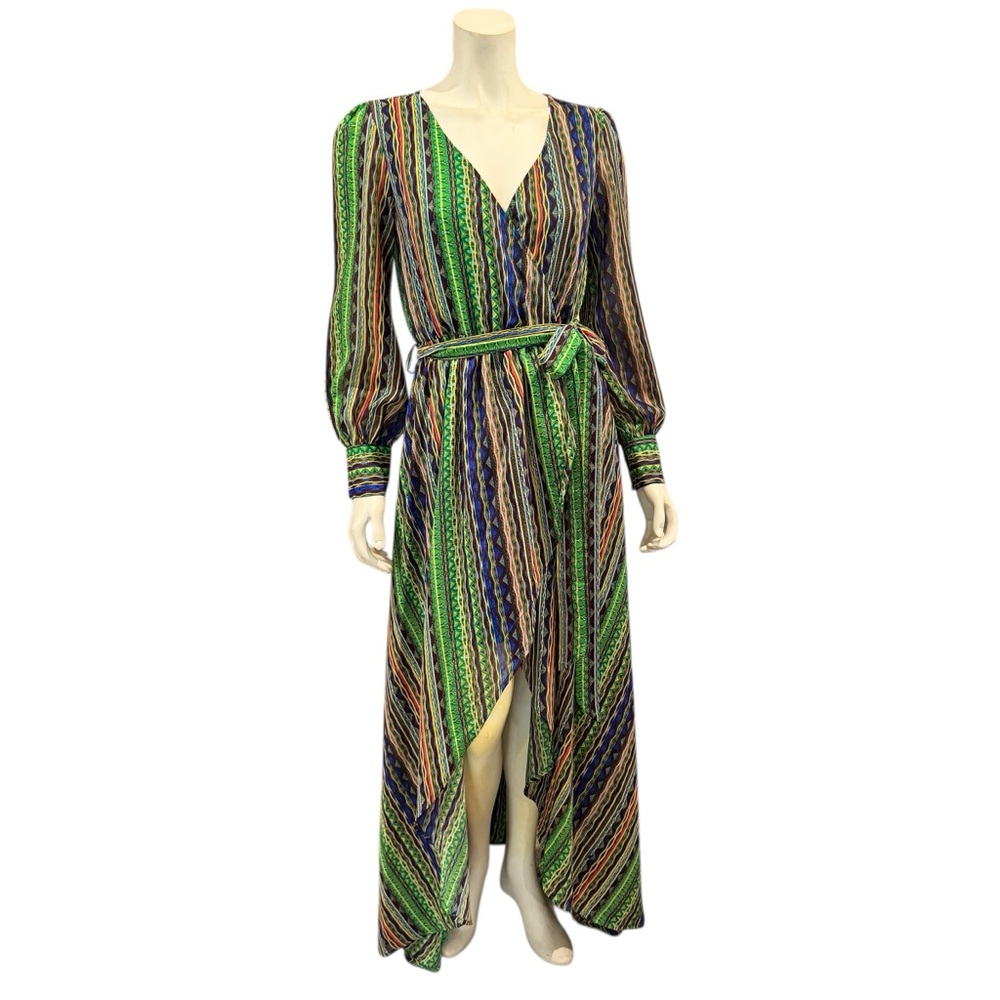 Jean-Louis Scherrer Striped Chiffon Faux Wrap High Low Dress